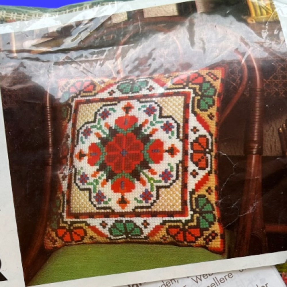 Vintage 70s Embroidered Throw Pillow Kit.